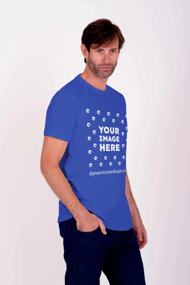 Man Wearing Dark Blue T-shirt Mockup Side View Template