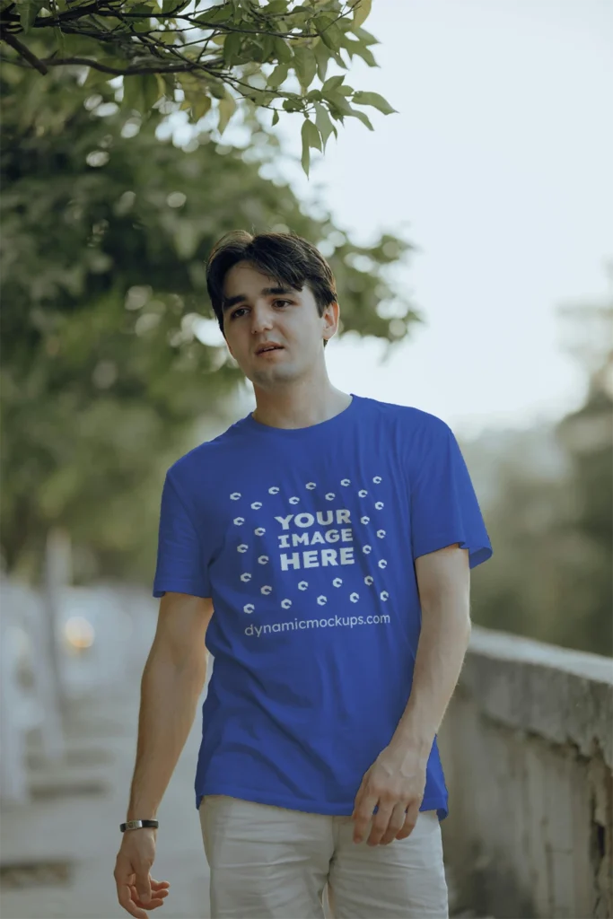 Man Wearing Dark Blue T-shirt Mockup Front View Template