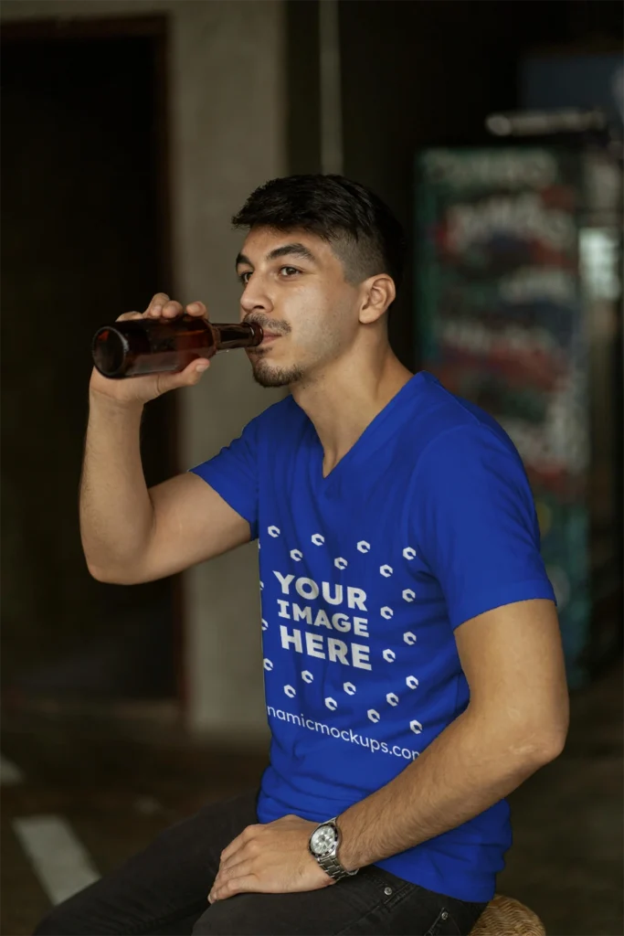 Man Wearing Dark Blue T-shirt Mockup Side View Template