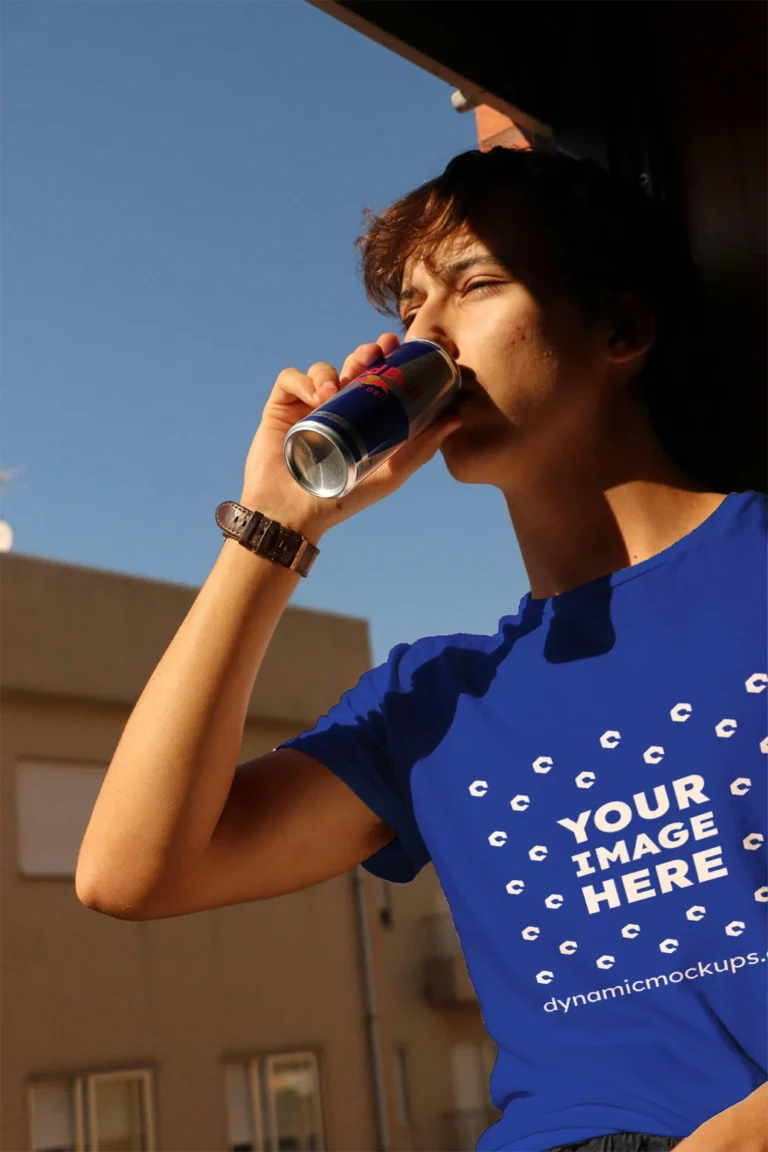 Man Wearing Dark Blue T-shirt Mockup Front View Template