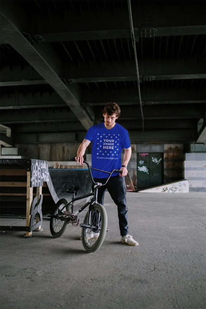 Man Wearing Dark Blue T-shirt Mockup Front View Template