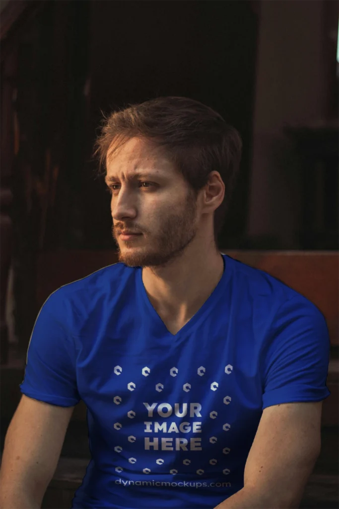 Man Wearing Dark Blue T-shirt Mockup Front View Template