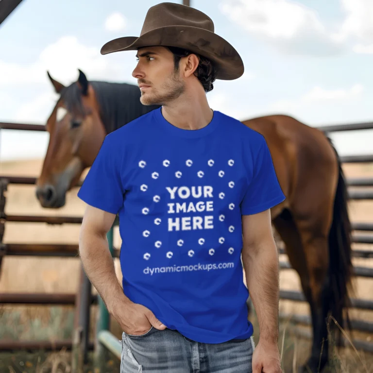 Man Wearing Dark Blue T-shirt Mockup Front View Template