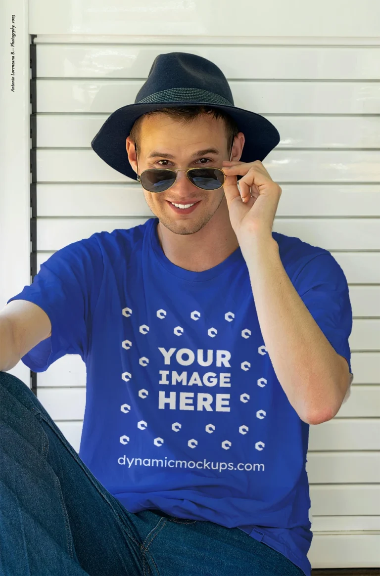 Man Wearing Dark Blue T-shirt Mockup Front View Template