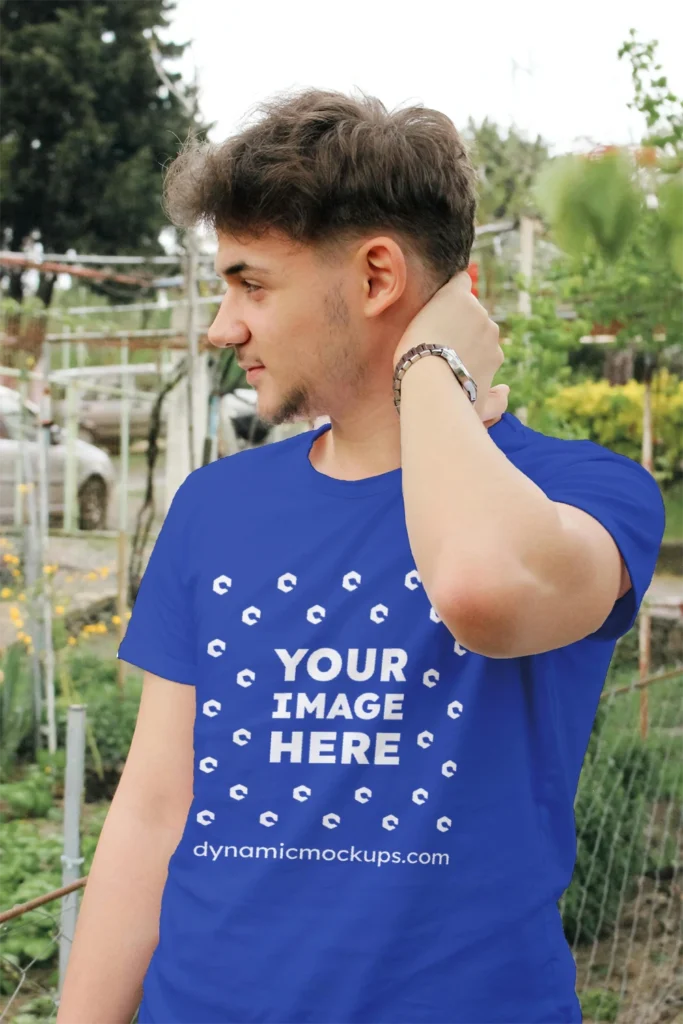 Man Wearing Dark Blue T-shirt Mockup Front View Template