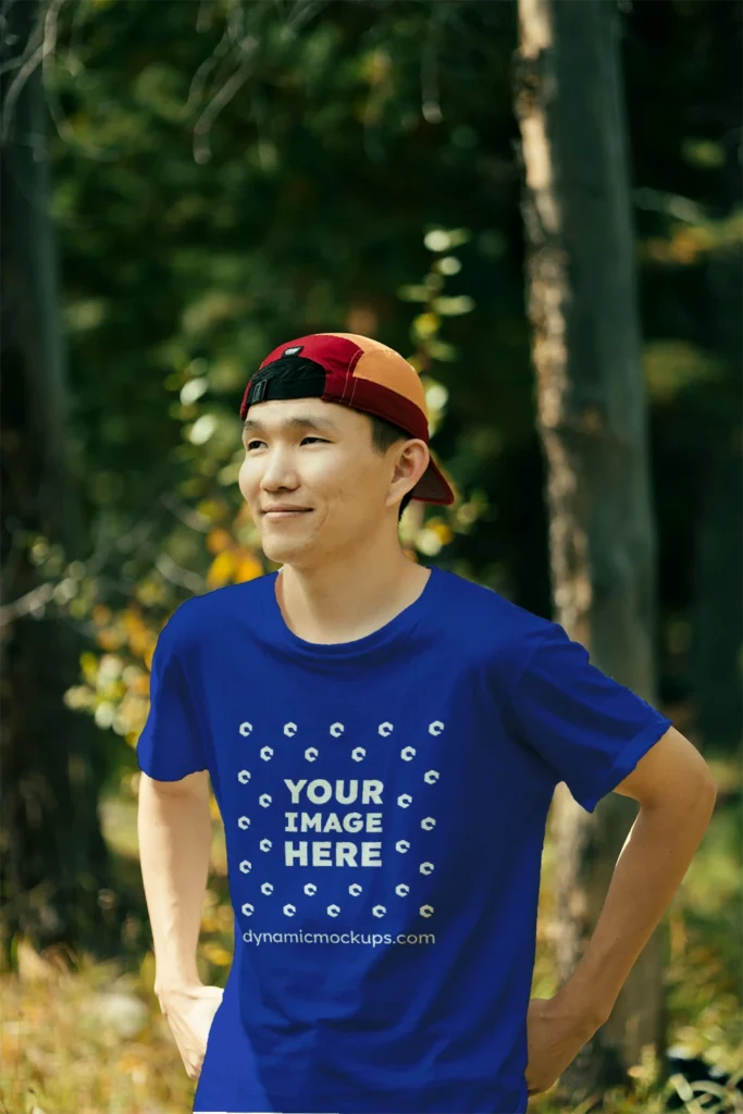 Man Wearing Dark Blue T-shirt Mockup Front View Template