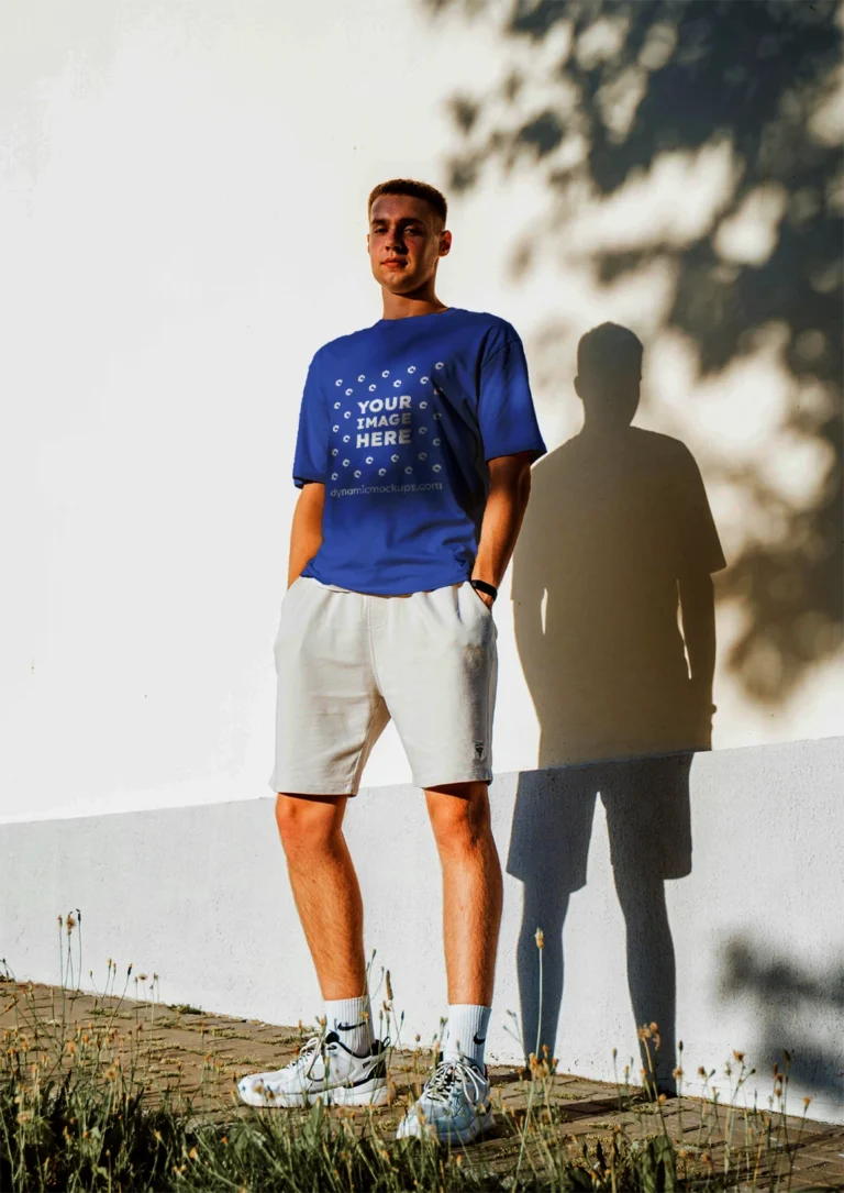 Man Wearing Dark Blue T-shirt Mockup Front View Template