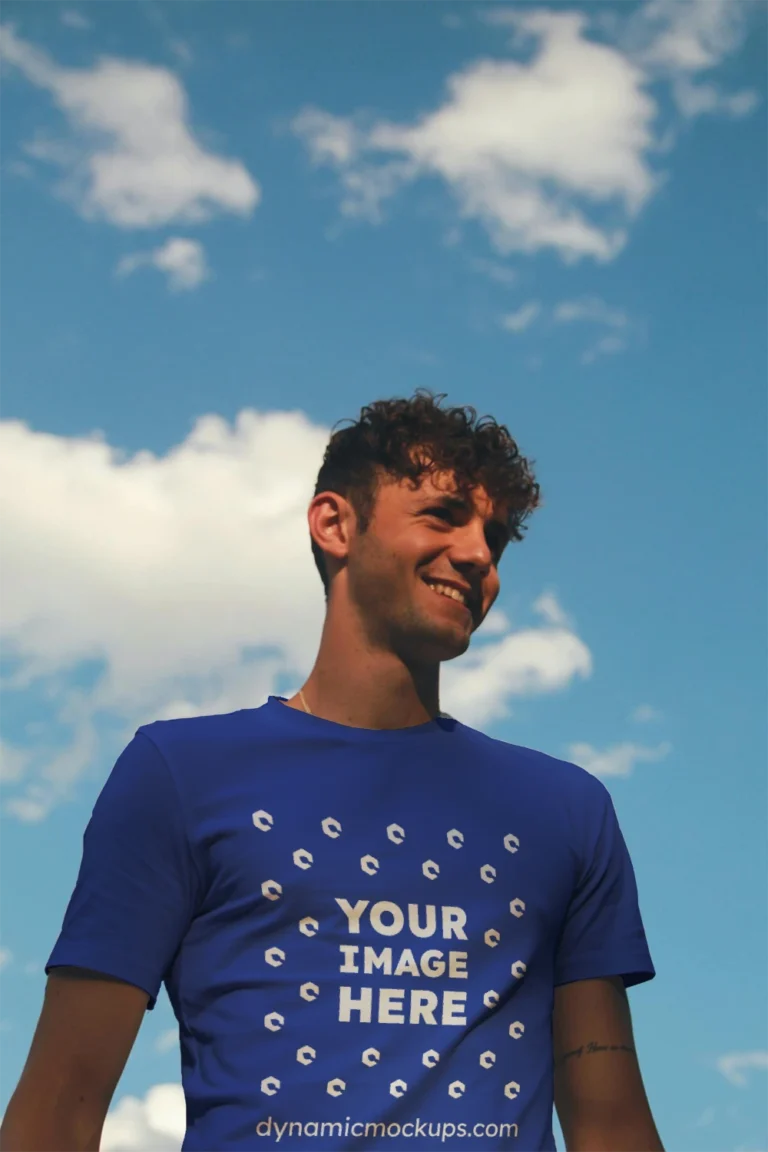 Man Wearing Dark Blue T-shirt Mockup Front View Template