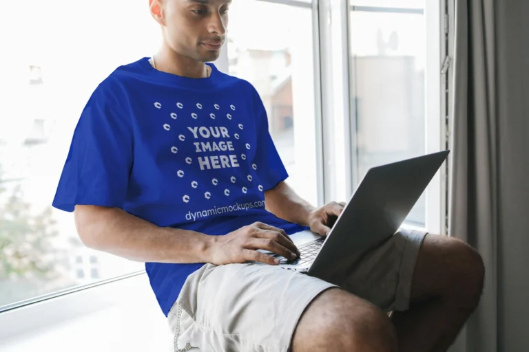 Man Wearing Dark Blue T-shirt Mockup Front View Template