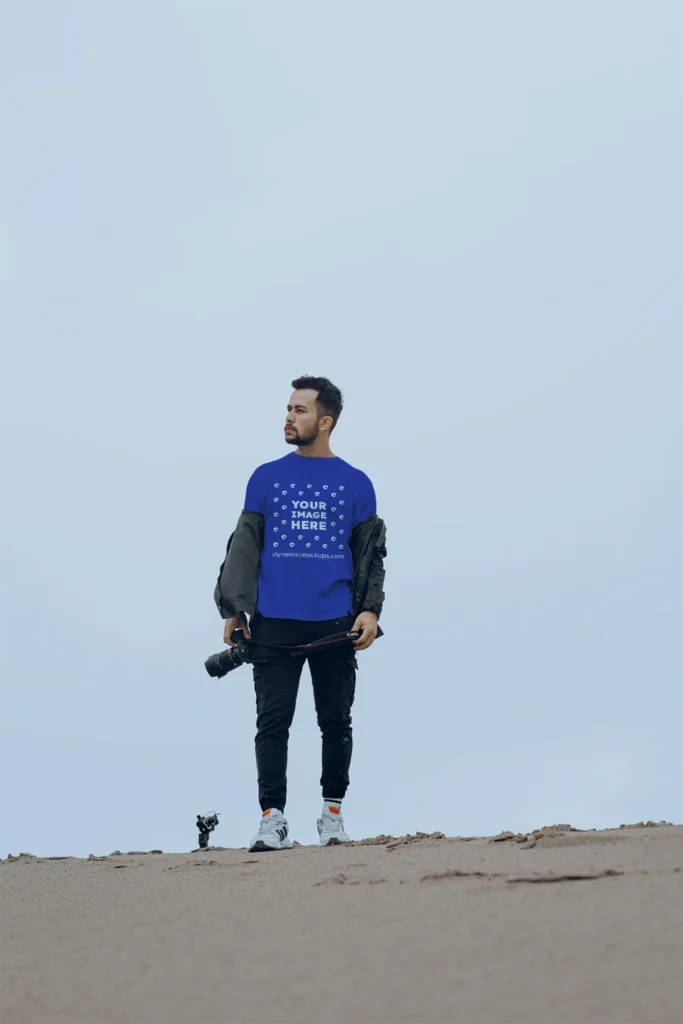 Man Wearing Dark Blue T-shirt Mockup Front View Template