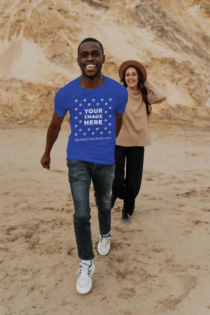 Man Wearing Dark Blue T-shirt Mockup Front View Template