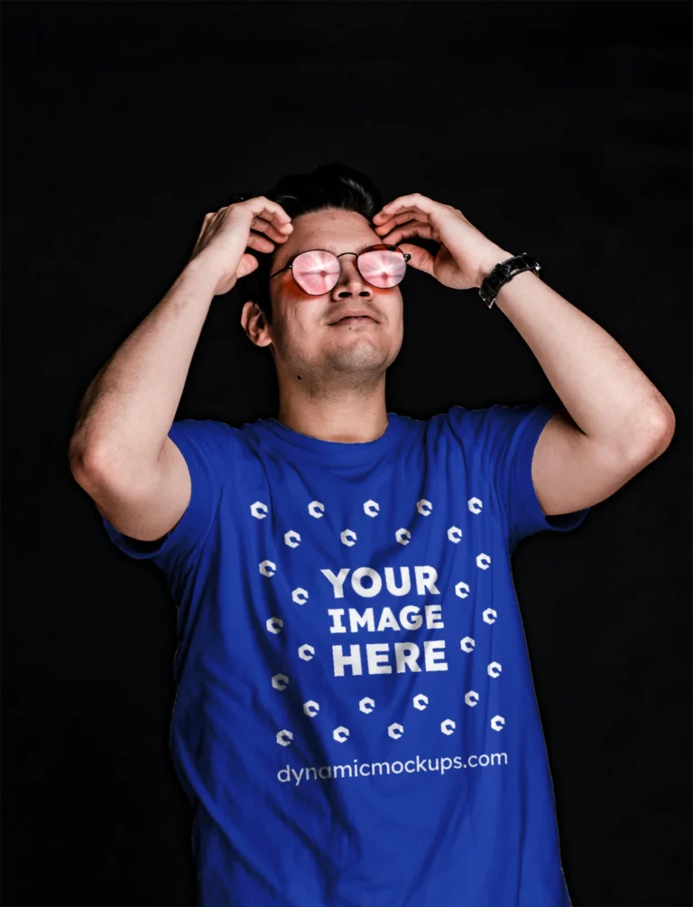 Man Wearing Dark Blue T-shirt Mockup Front View Template