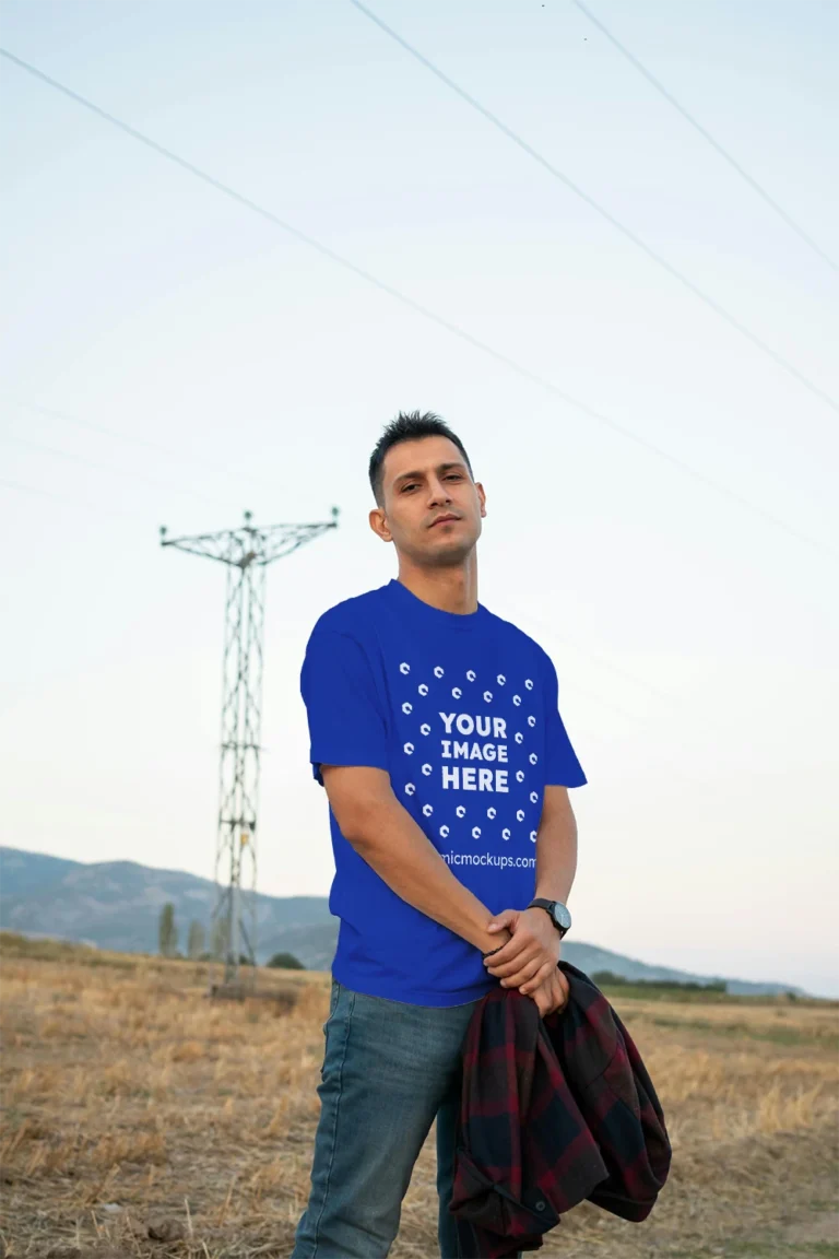 Man Wearing Dark Blue T-shirt Mockup Front View Template