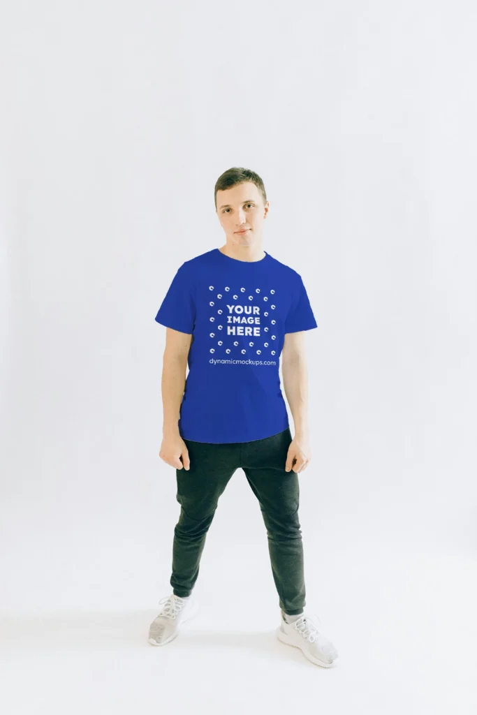 Man Wearing Dark Blue T-shirt Mockup Front View Template