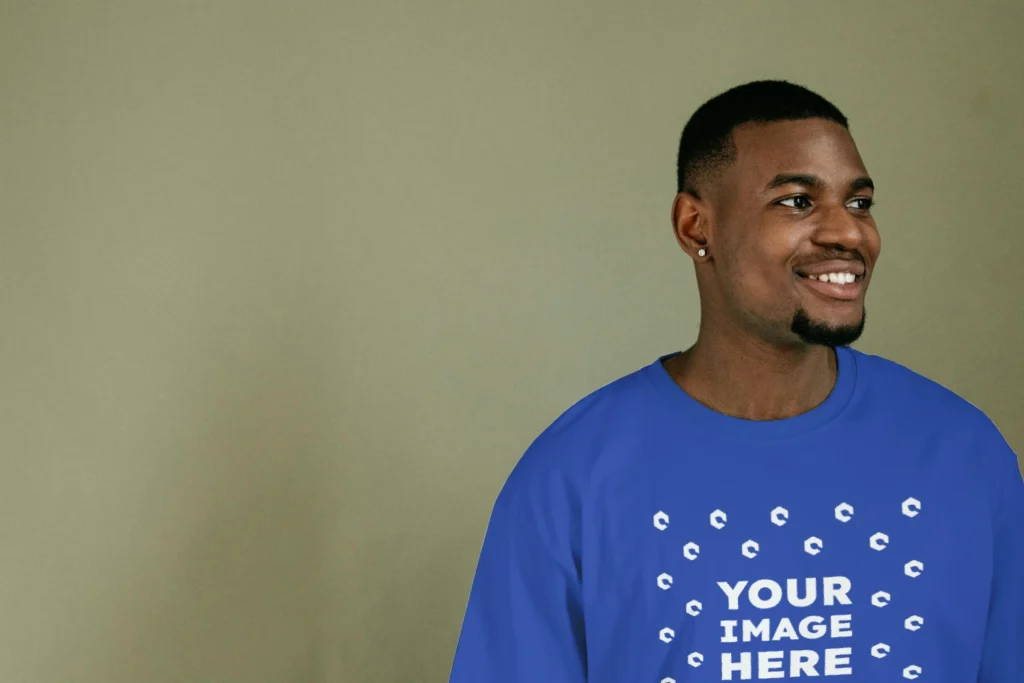 Man Wearing Dark Blue T-shirt Mockup Front View Template