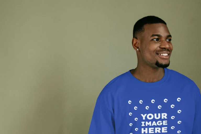 Man Wearing Dark Blue T-shirt Mockup Front View Template