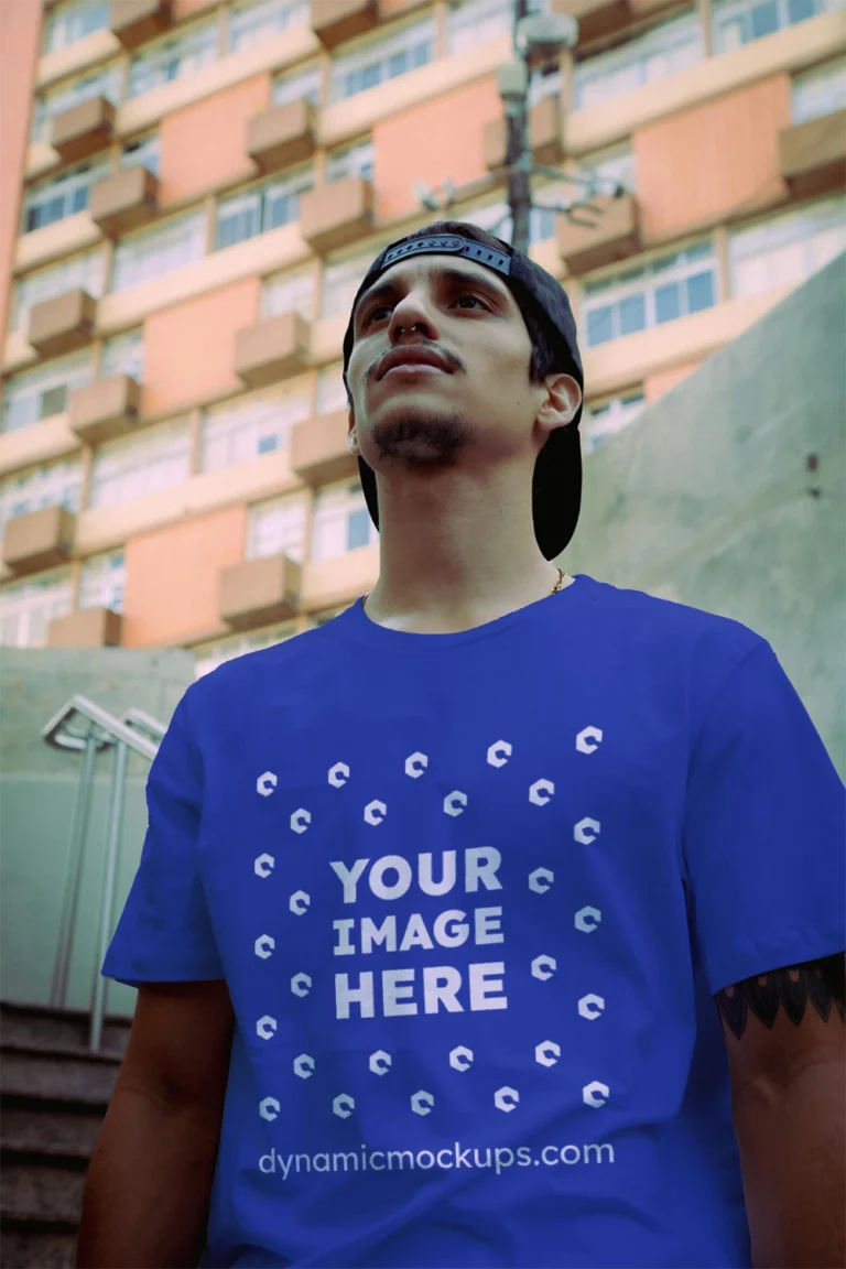 Man Wearing Dark Blue T-shirt Mockup Front View Template