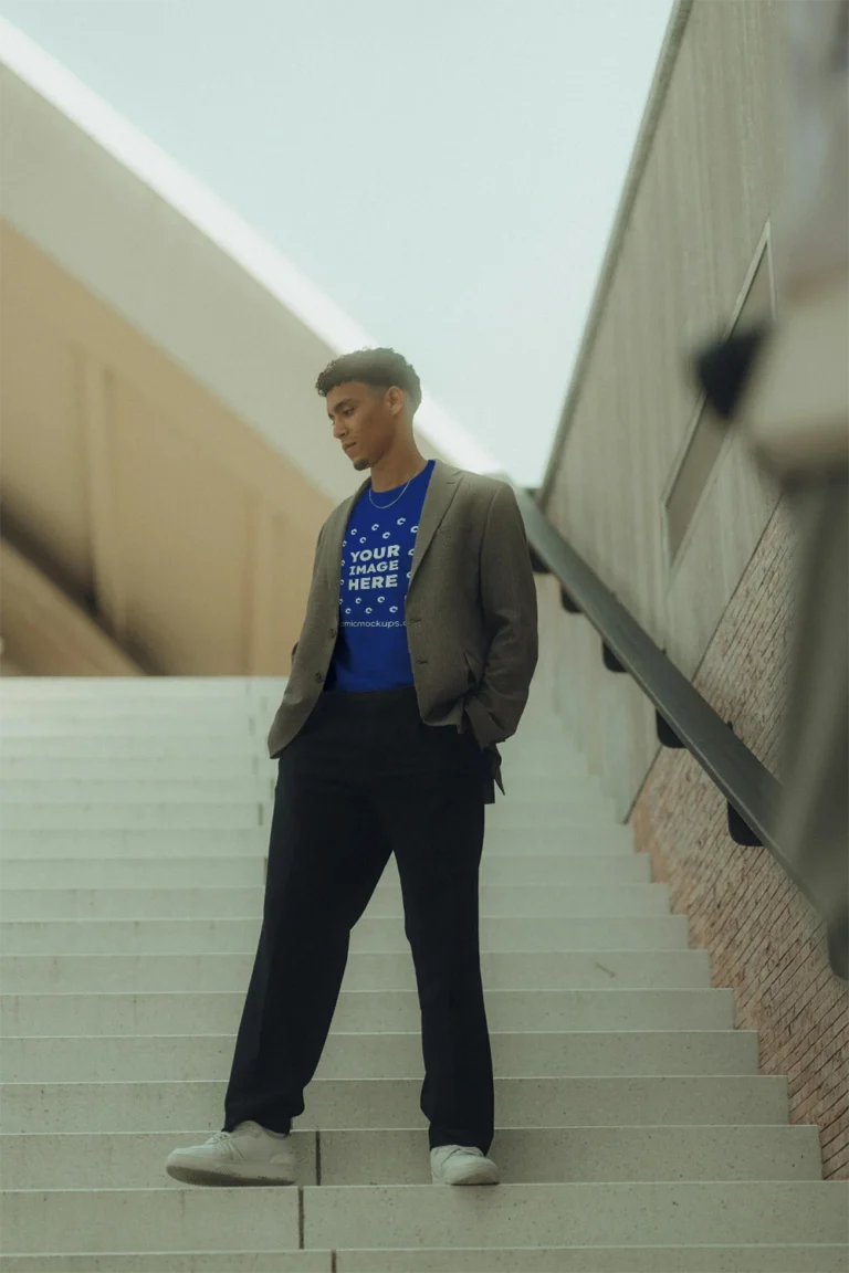 Man Wearing Dark Blue T-shirt Mockup Front View Template