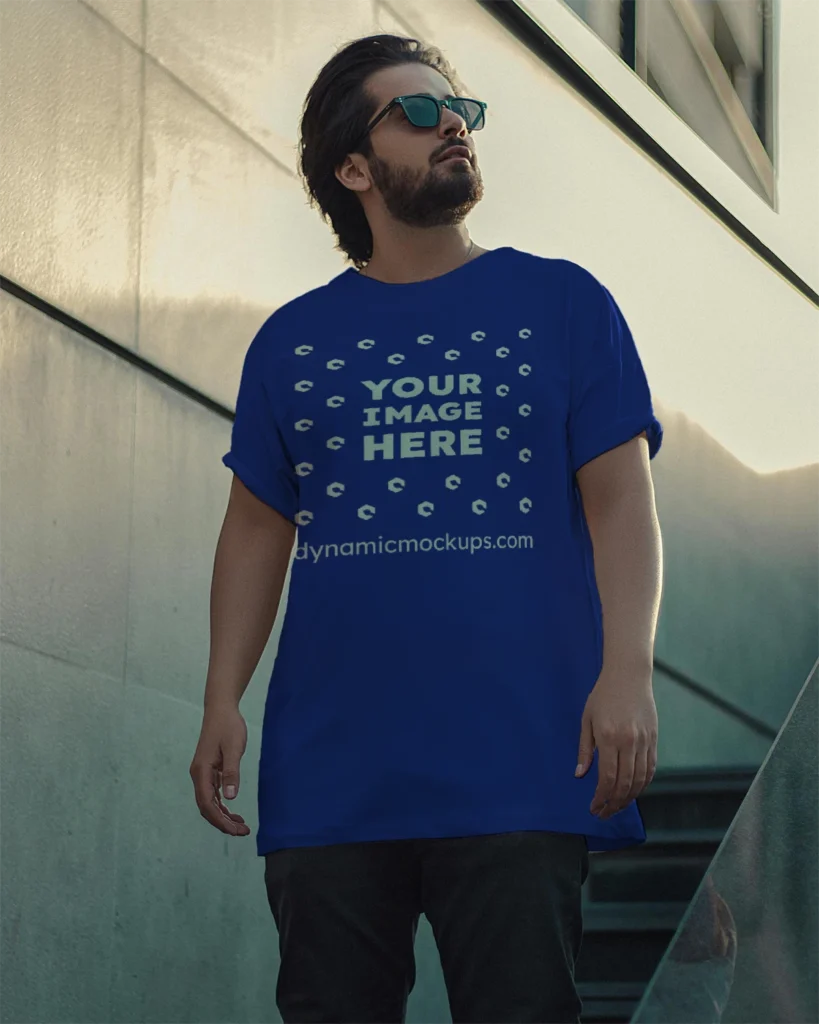 Man Wearing Dark Blue T-shirt Mockup Front View Template