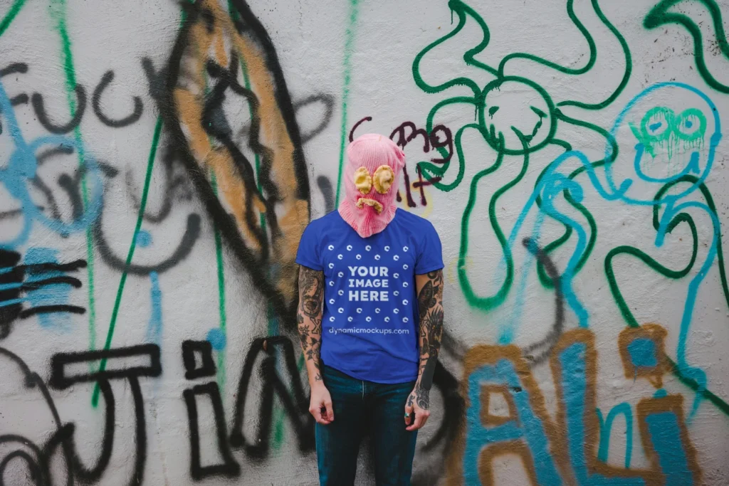 Man Wearing Dark Blue T-shirt Mockup Front View Template