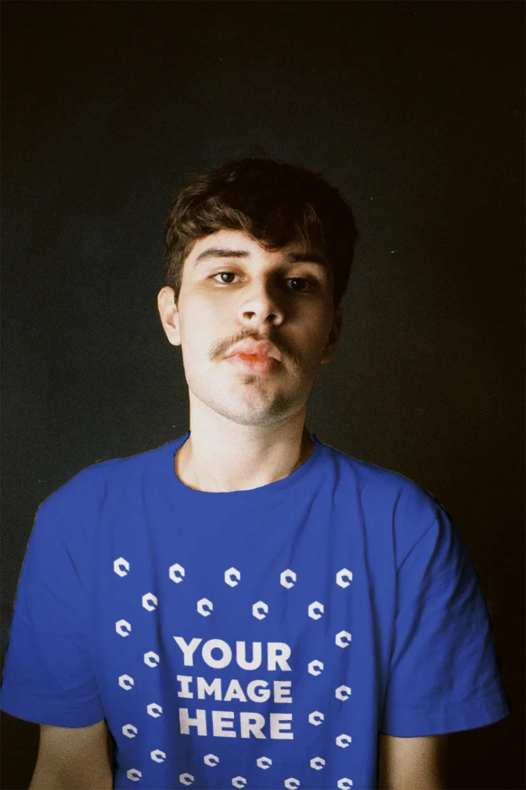 Man Wearing Dark Blue T-shirt Mockup Front View Template