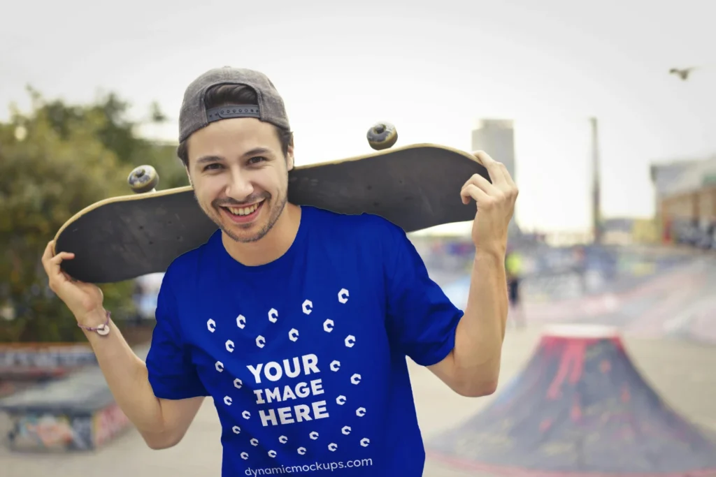 Man Wearing Dark Blue T-shirt Mockup Front View Template