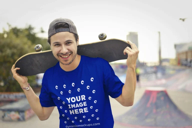 Man Wearing Dark Blue T-shirt Mockup Front View Template