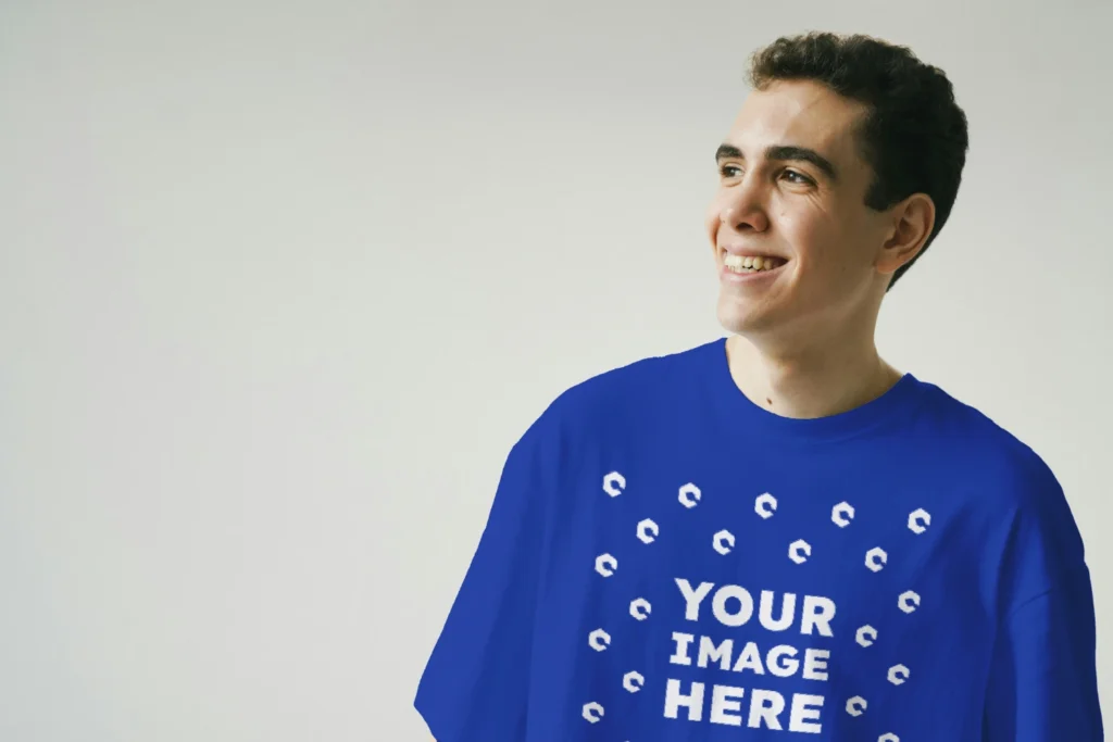 Man Wearing Dark Blue T-shirt Mockup Front View Template