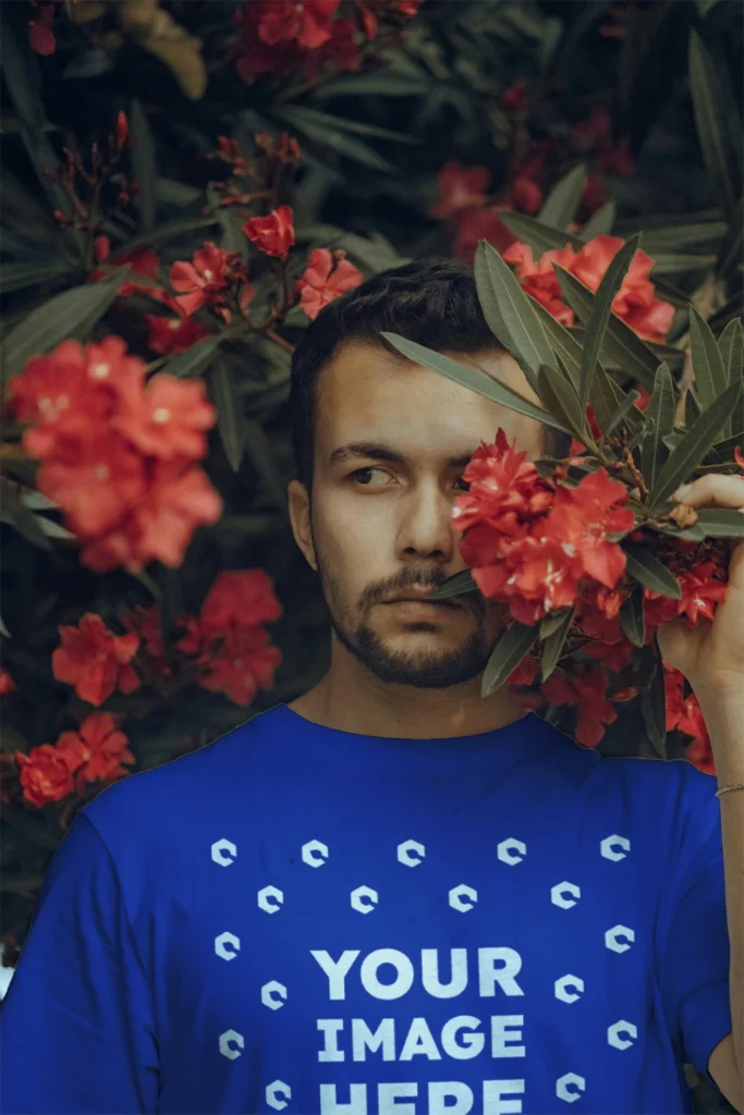 Man Wearing Dark Blue T-shirt Mockup Front View Template