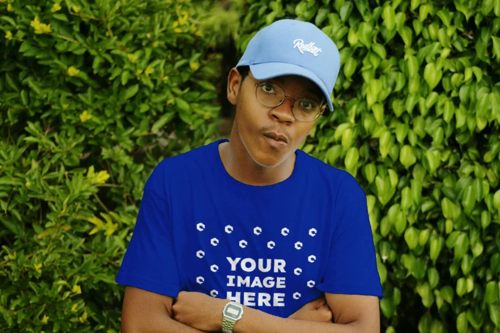 Man Wearing Dark Blue T-shirt Mockup Front View Template