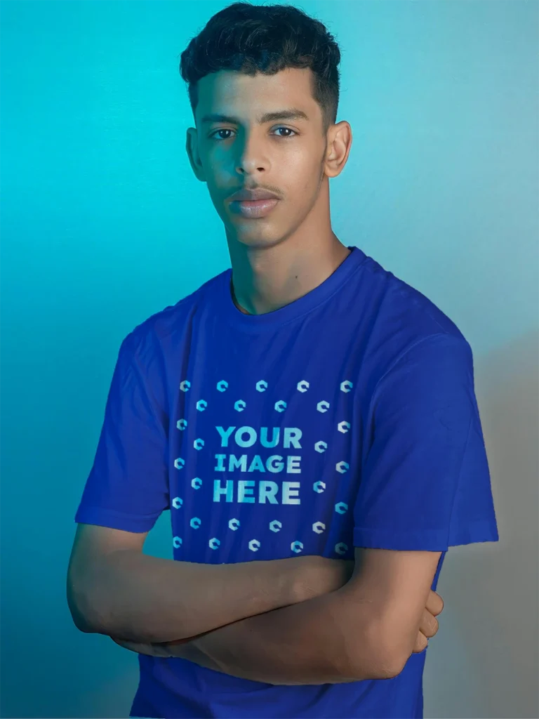 Man Wearing Dark Blue T-shirt Mockup Front View Template