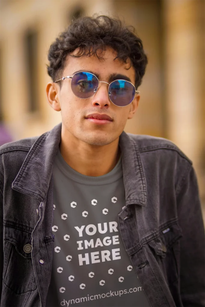 Man Wearing Dark Gray T-shirt Mockup Front View Template