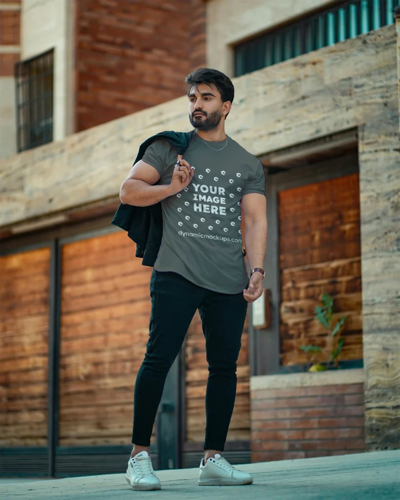 Man Wearing Dark Gray T-shirt Mockup Front View Template