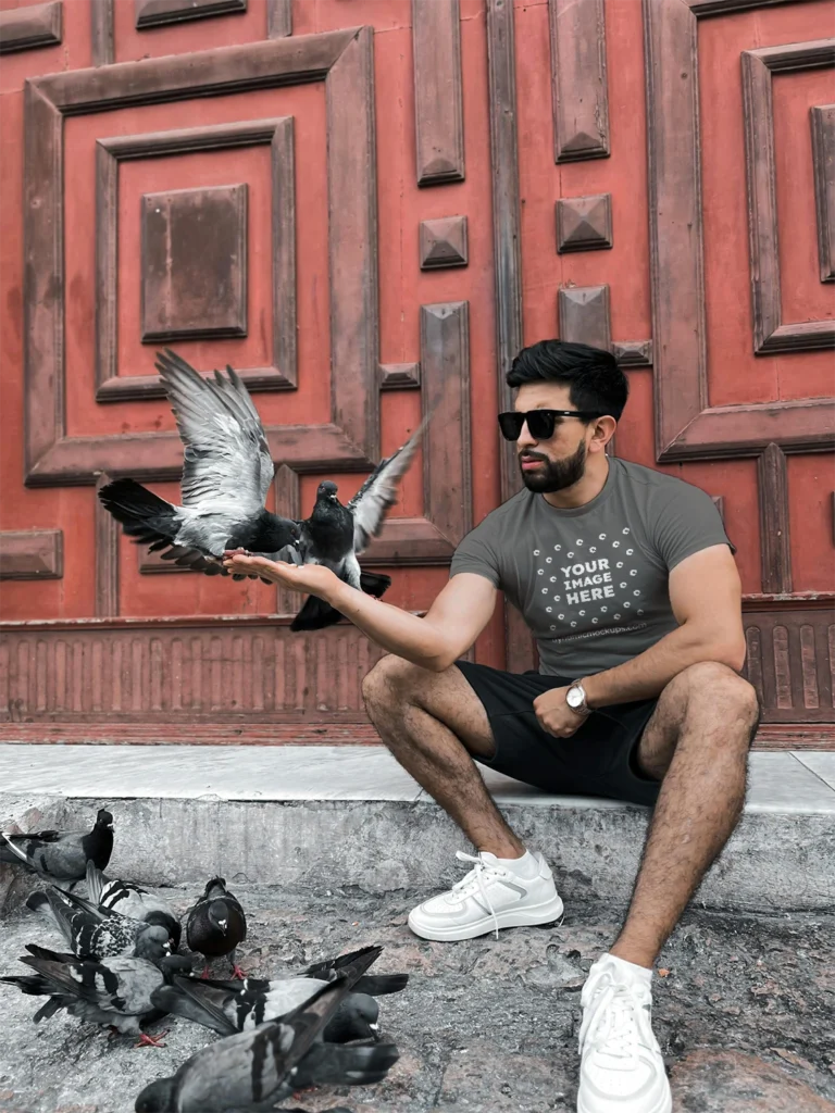 Man Wearing Dark Gray T-shirt Mockup Front View Template