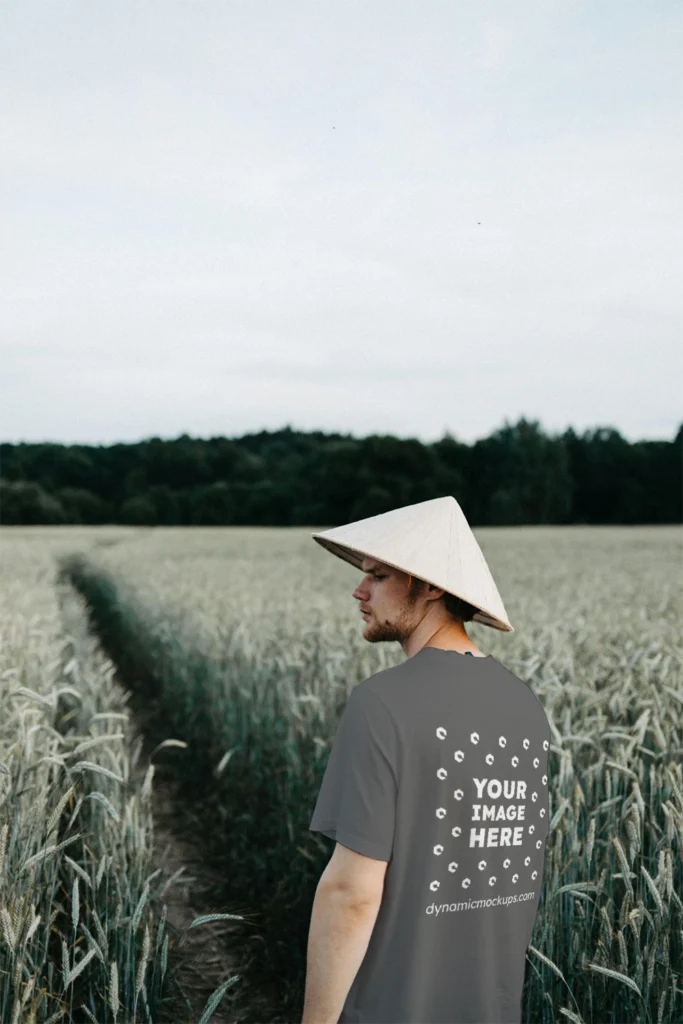 Man Wearing Dark Gray T-shirt Mockup Front View Template