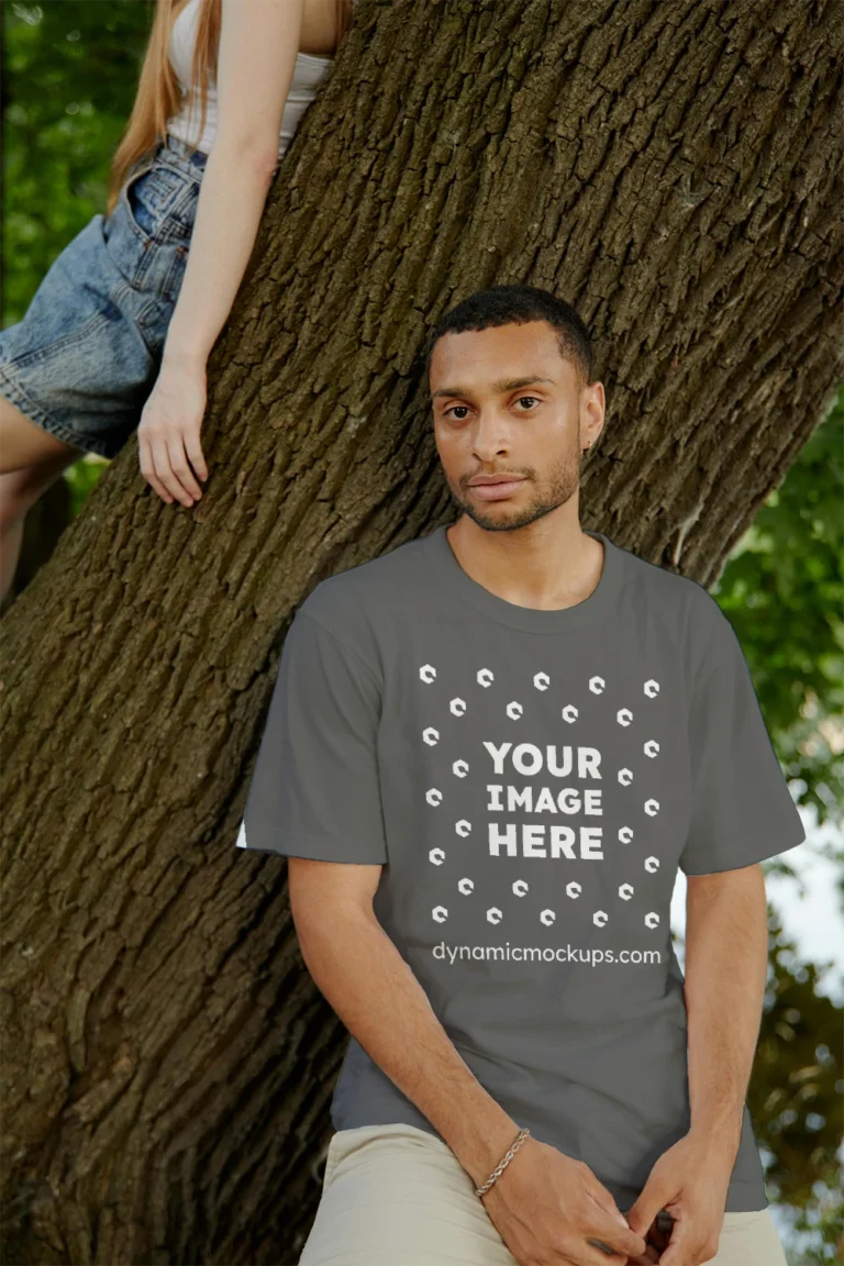 Man Wearing Dark Gray T-shirt Mockup Front View Template