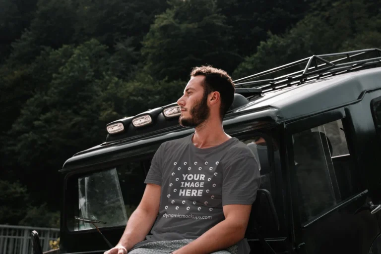 Man Wearing Dark Gray T-shirt Mockup Front View Template