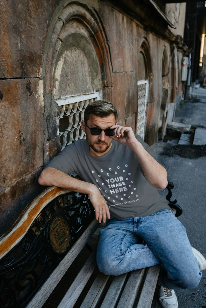 Man Wearing Dark Gray T-shirt Mockup Front View Template