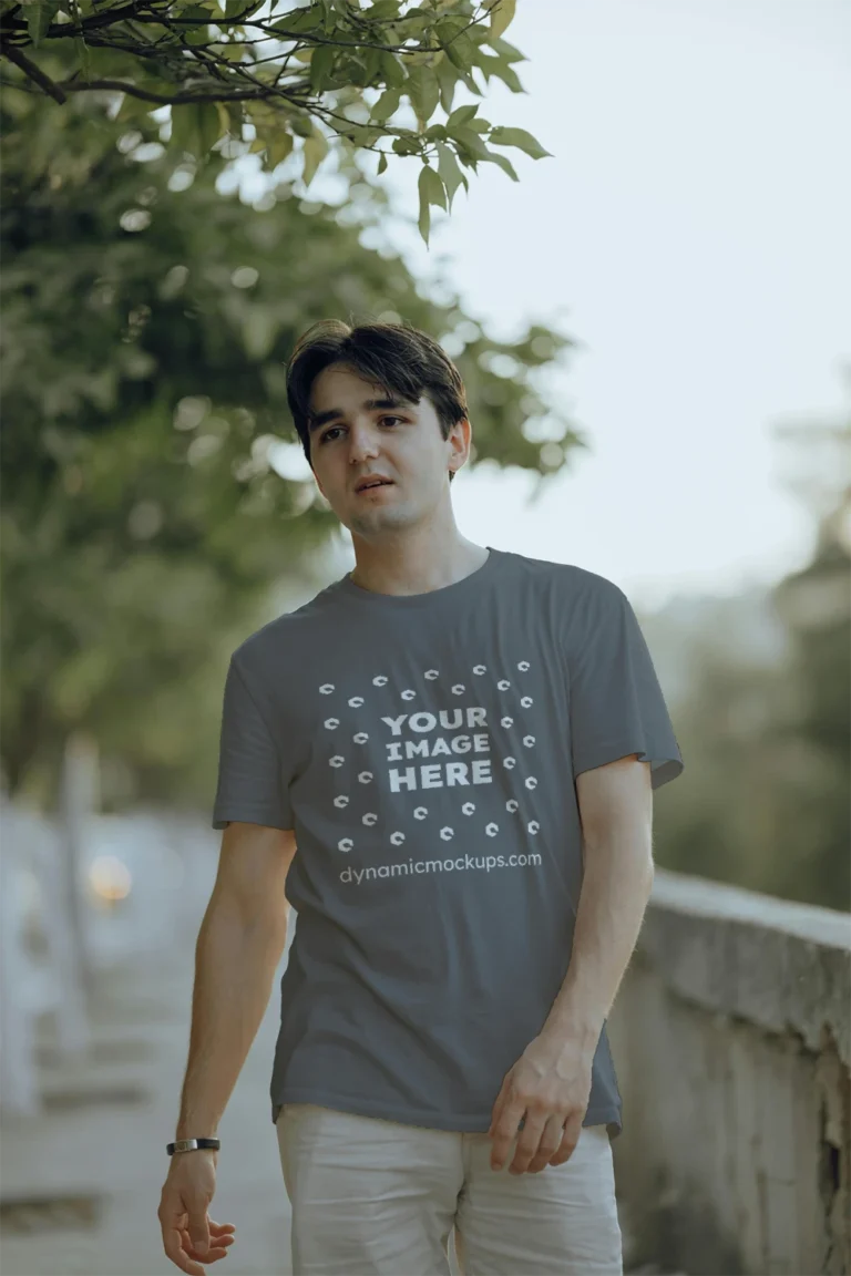 Man Wearing Dark Gray T-shirt Mockup Front View Template