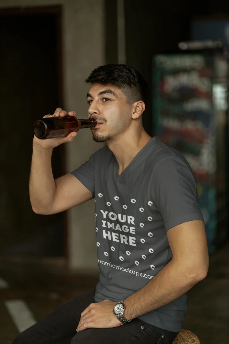 Man Wearing Dark Gray T-shirt Mockup Side View Template