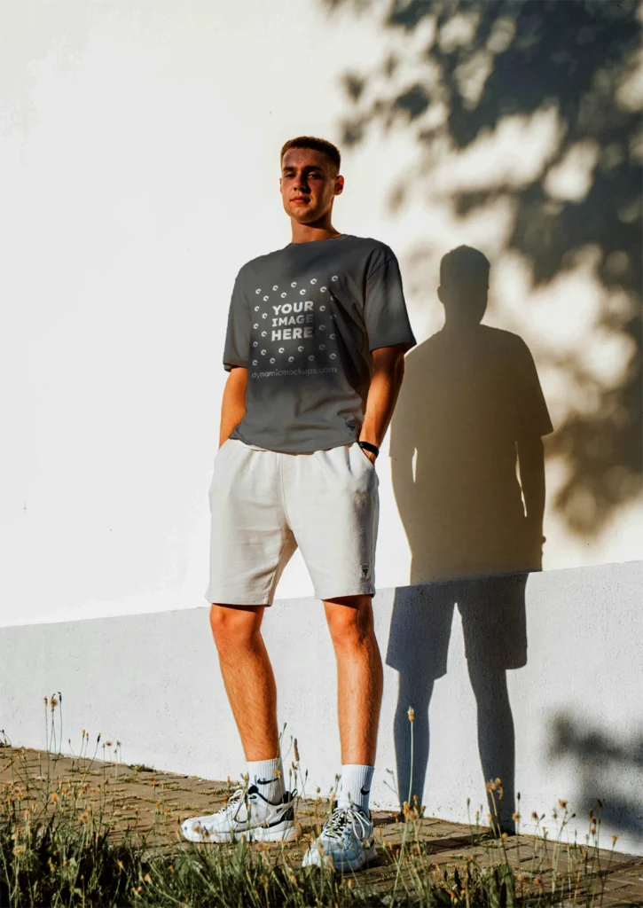 Man Wearing Dark Gray T-shirt Mockup Front View Template