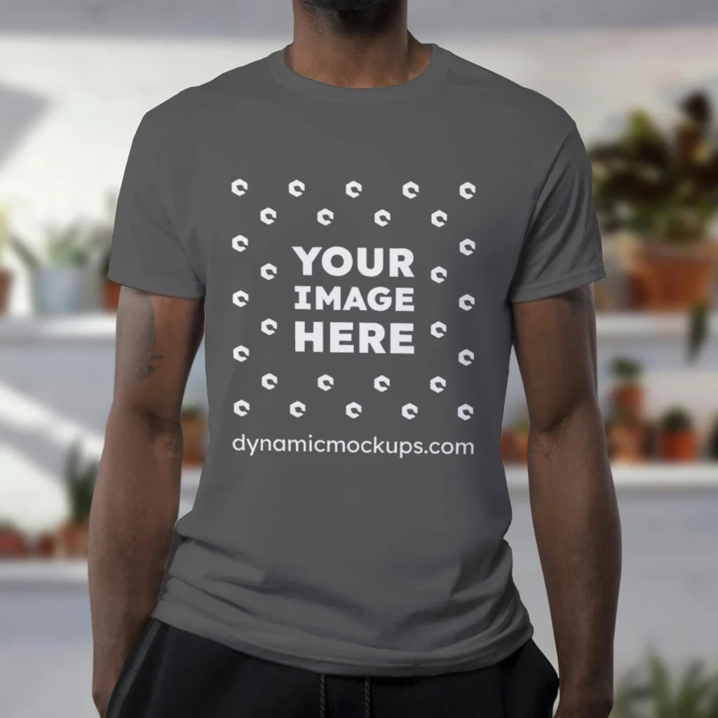 Man Wearing Dark Gray T-shirt Mockup Front View Template