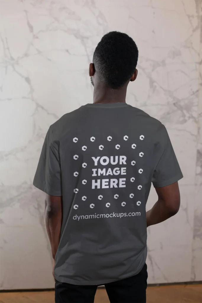 Man Wearing Dark Gray T-shirt Mockup Back View Template