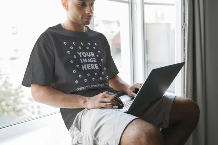 Man Wearing Dark Gray T-shirt Mockup Front View Template