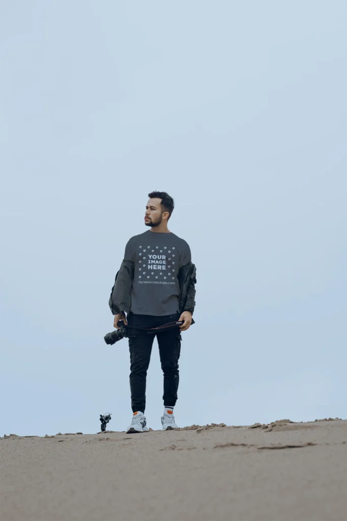 Man Wearing Dark Gray T-shirt Mockup Front View Template