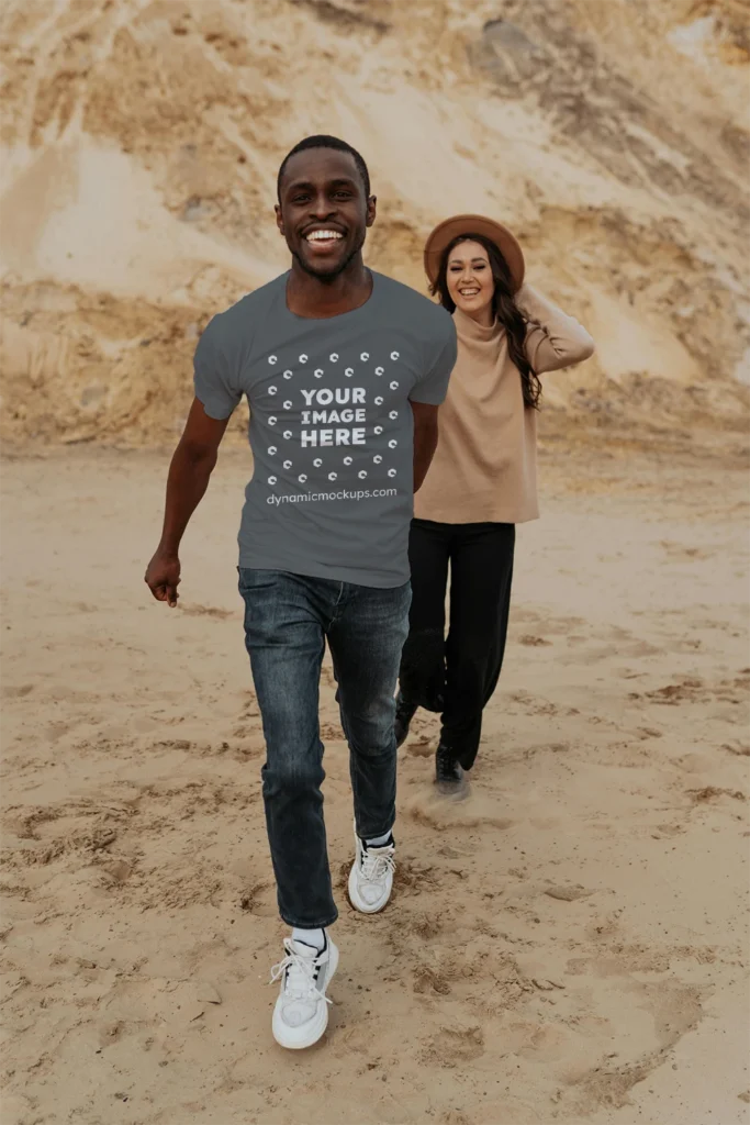 Man Wearing Dark Gray T-shirt Mockup Front View Template