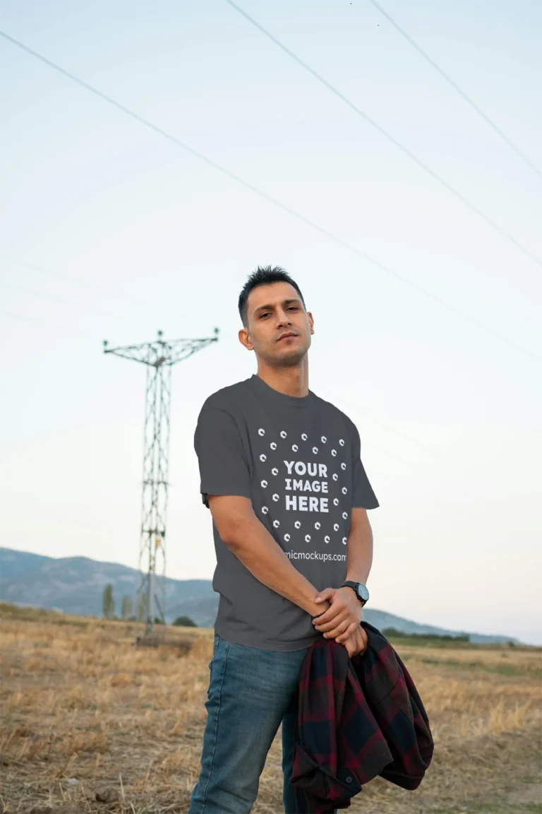 Man Wearing Dark Gray T-shirt Mockup Front View Template