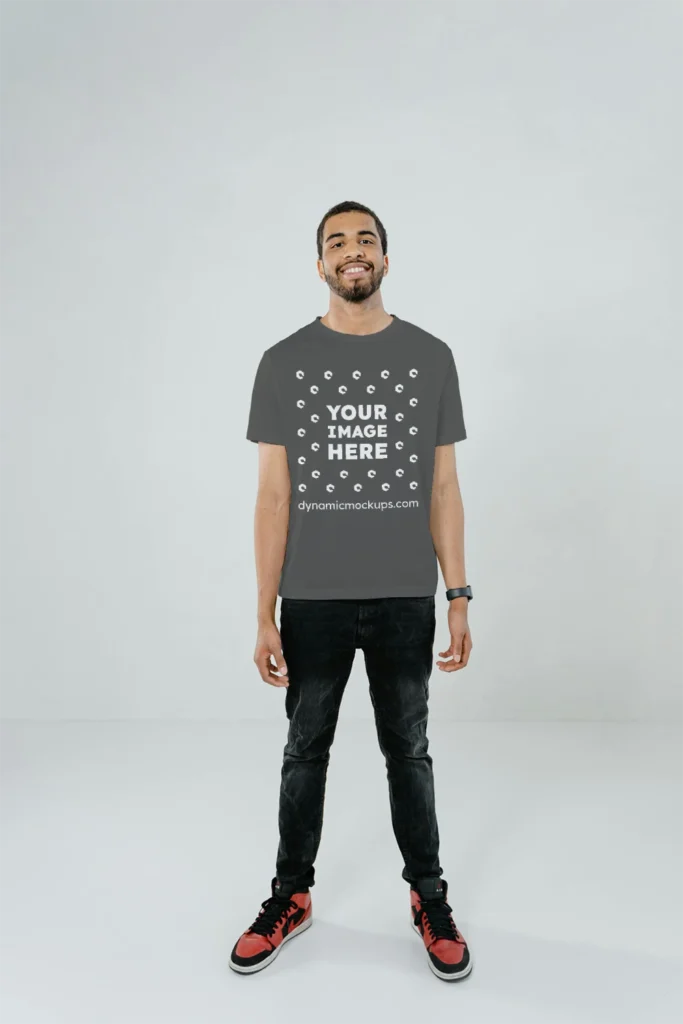 Man Wearing Dark Gray T-shirt Mockup Front View Template