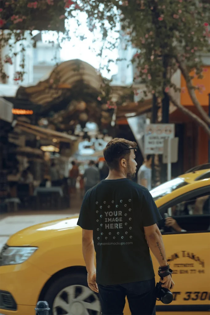 Man Wearing Dark Gray T-shirt Mockup Back View Template