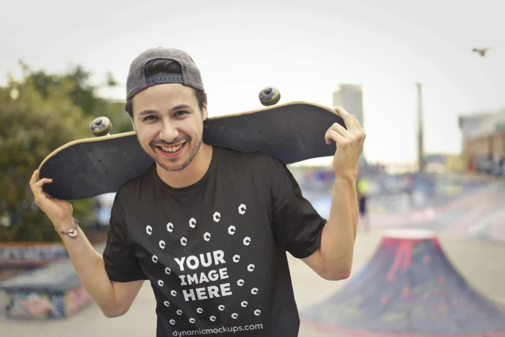 Man Wearing Dark Gray T-shirt Mockup Front View Template